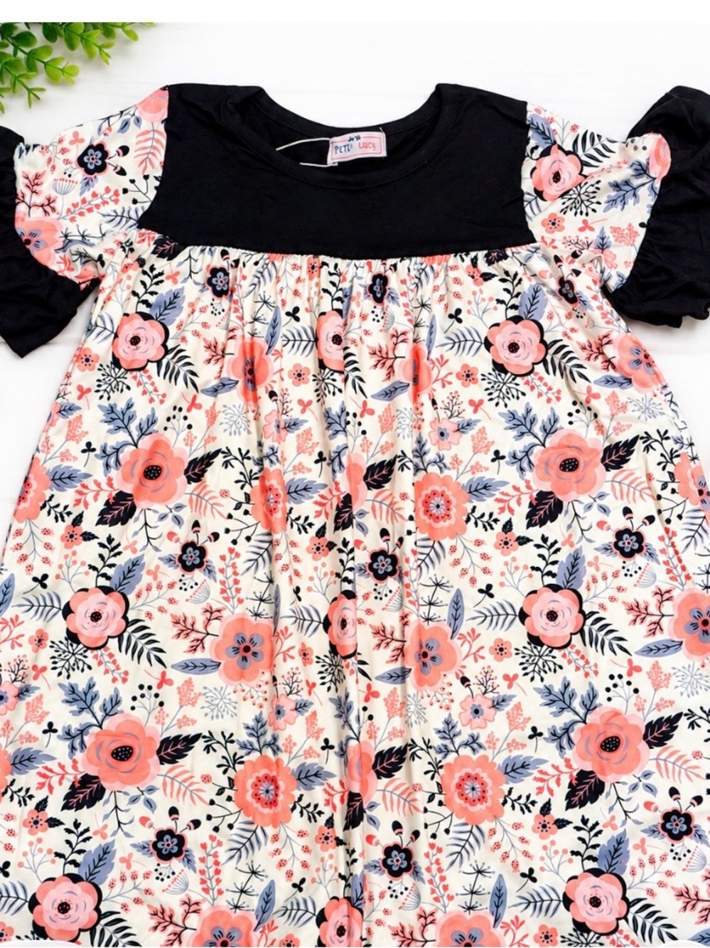 Girls Floral Pink and Black Puff-Sleeve Dress